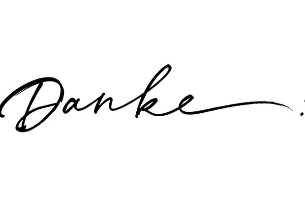 Thank you in German language. Hand drawn black vector lettering. Handwritten ink illustration. Dark brush pen line lettering isolated on white background. Design for greeting cards, prints, posters